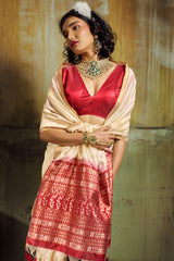 Seraphic Beige Banarasi Handloom Silk Saree With Flattering Blouse Piece