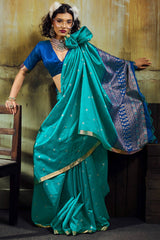 Marvellous Firozi Banarasi Handloom Silk Saree With Gratifying Blouse Piece