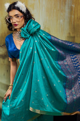 Marvellous Firozi Banarasi Handloom Silk Saree With Gratifying Blouse Piece