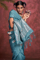 Ethereal Blue Banarasi Satin Silk Saree With Tempting Blouse