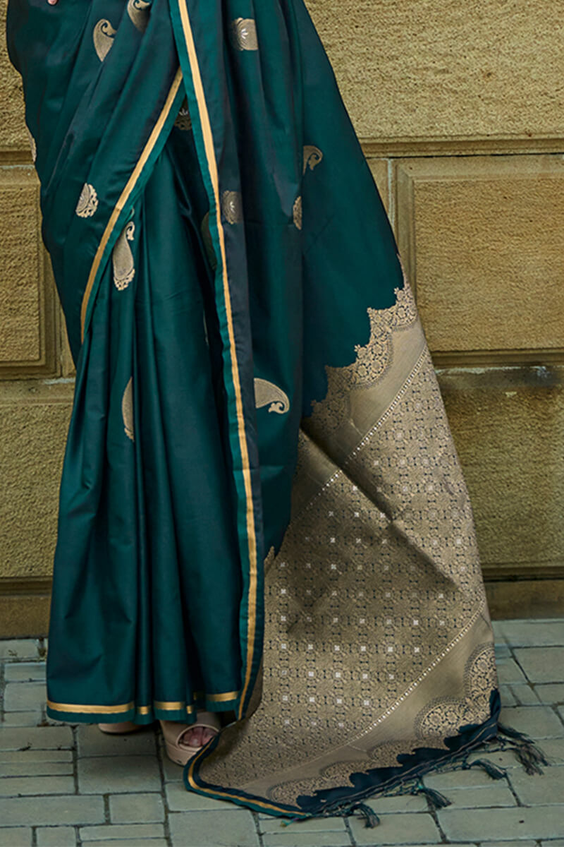 Entrancing Dark Green Banarasi Satin Silk Saree With Effervescent Blouse