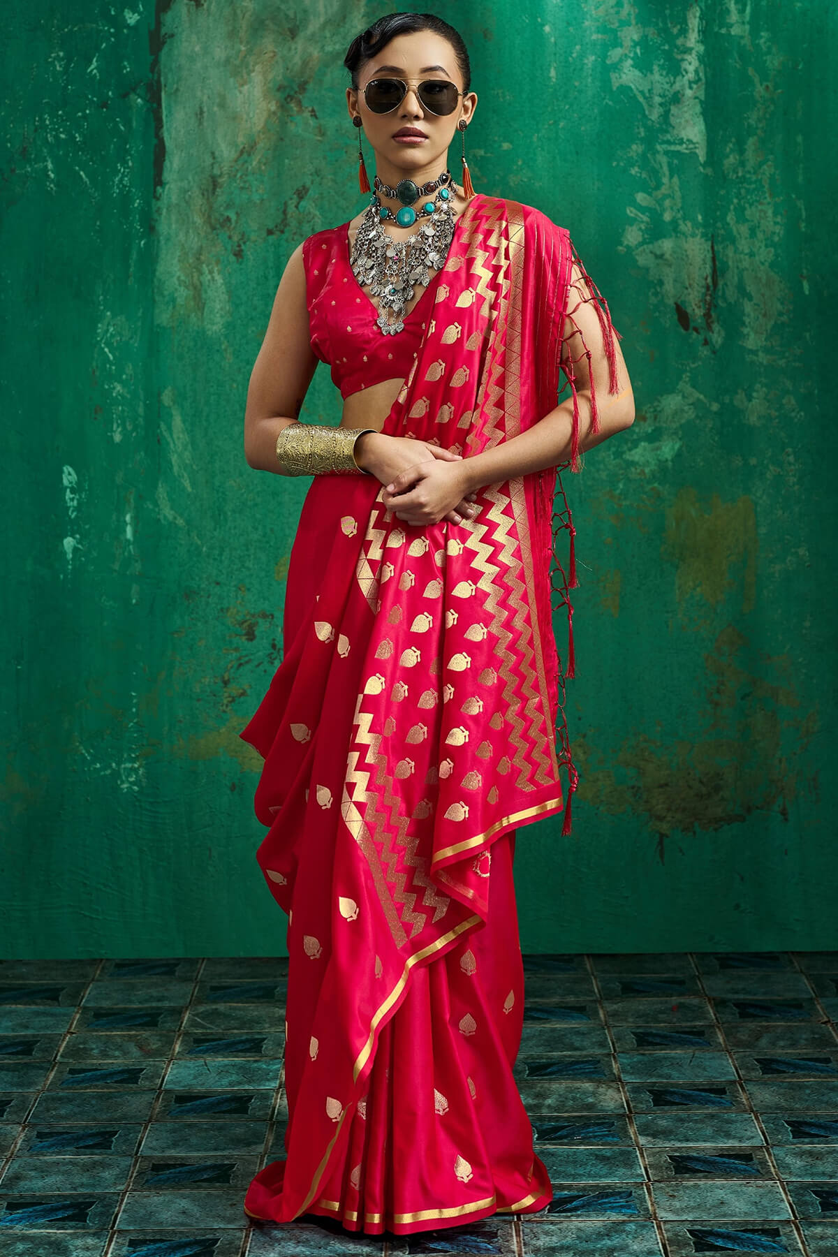 Felicitous Red Banarasi Satin Silk Saree With Engrossing Blouse