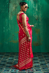 Felicitous Red Banarasi Satin Silk Saree With Engrossing Blouse