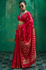Felicitous Red Banarasi Satin Silk Saree With Engrossing Blouse