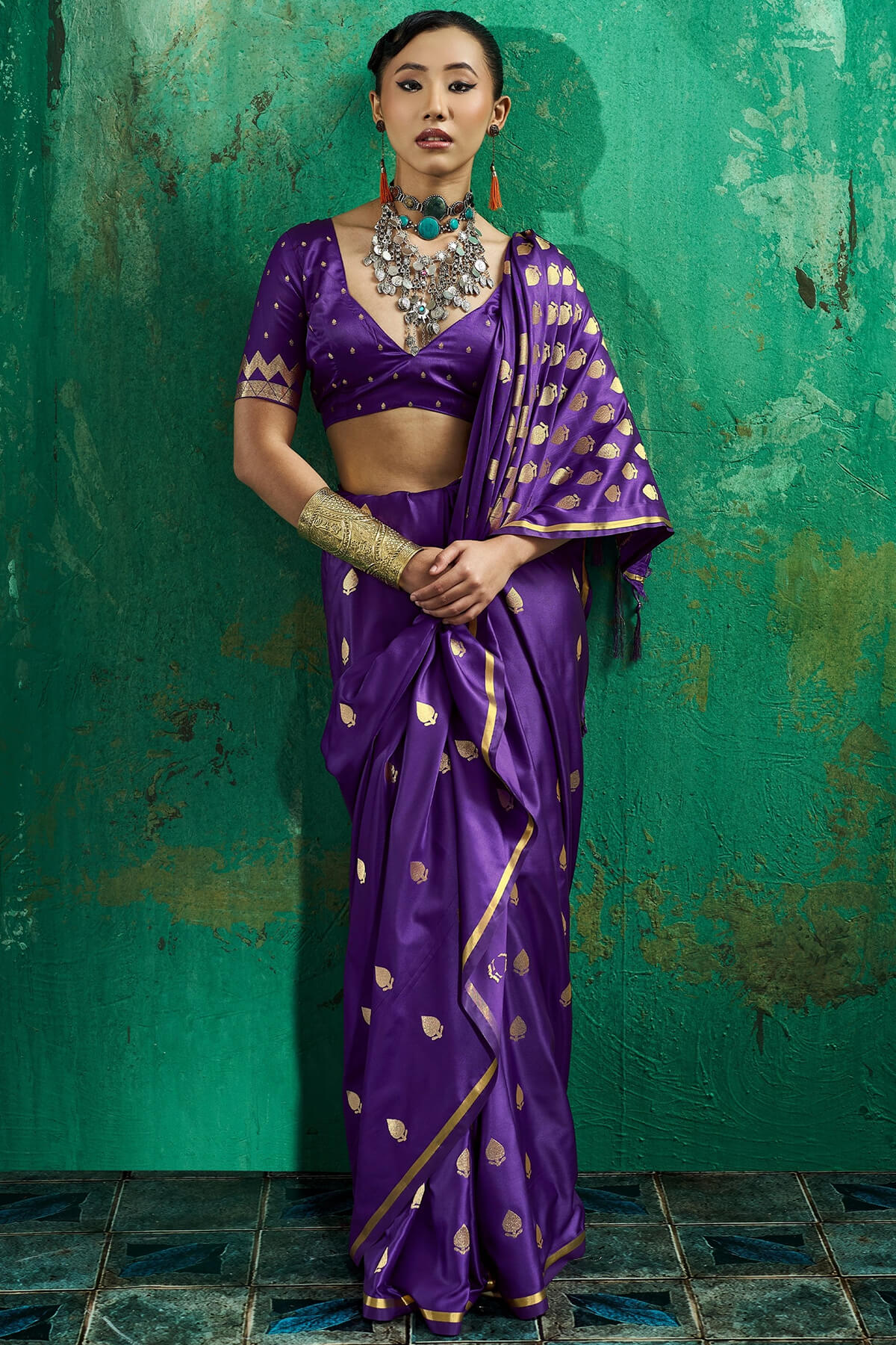 Pleasurable Purple Banarasi Satin Silk Saree With Delectable Blouse