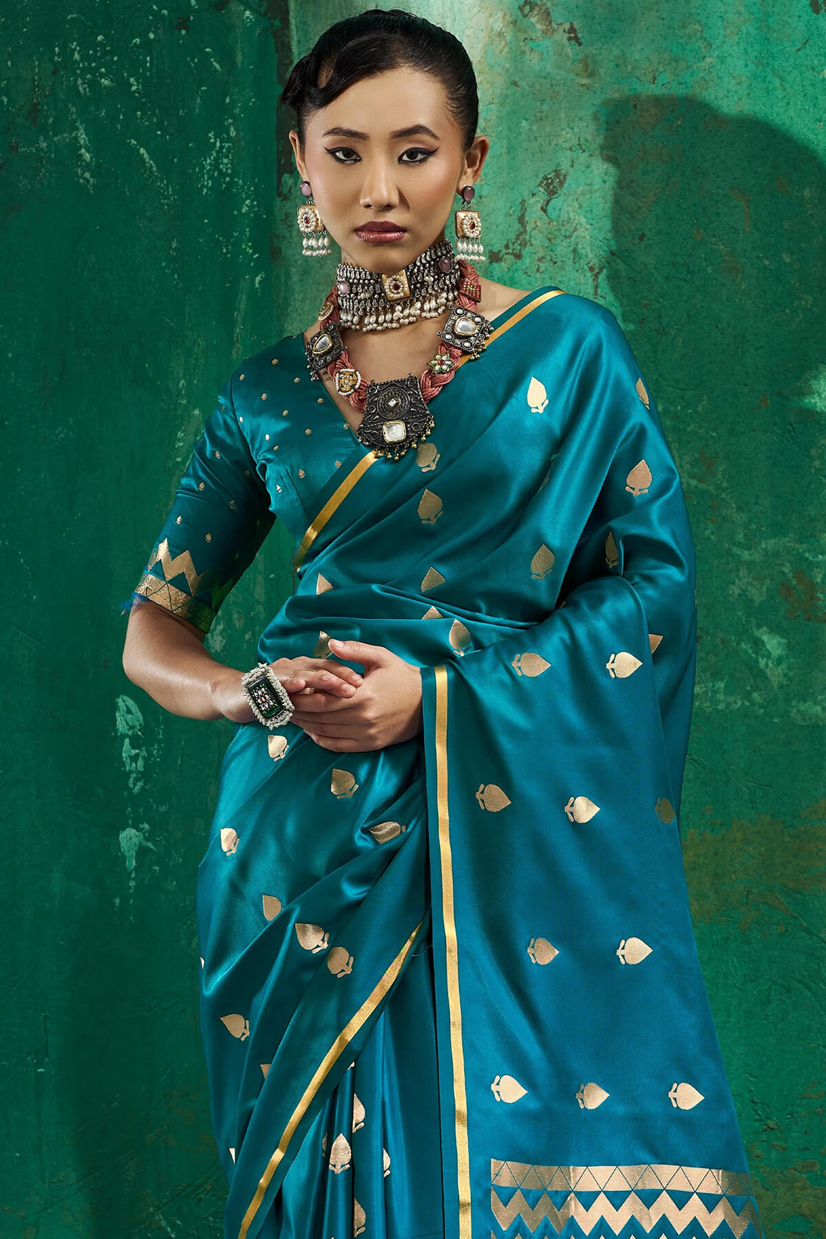 Glowing Rama Banarasi Satin Silk Saree With Prodigal Blouse