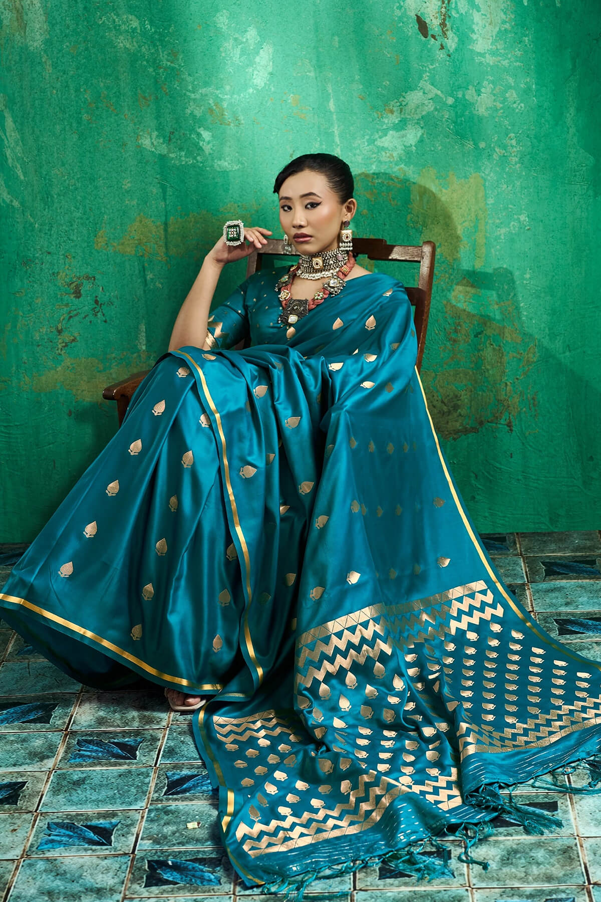 Glowing Rama Banarasi Satin Silk Saree With Prodigal Blouse