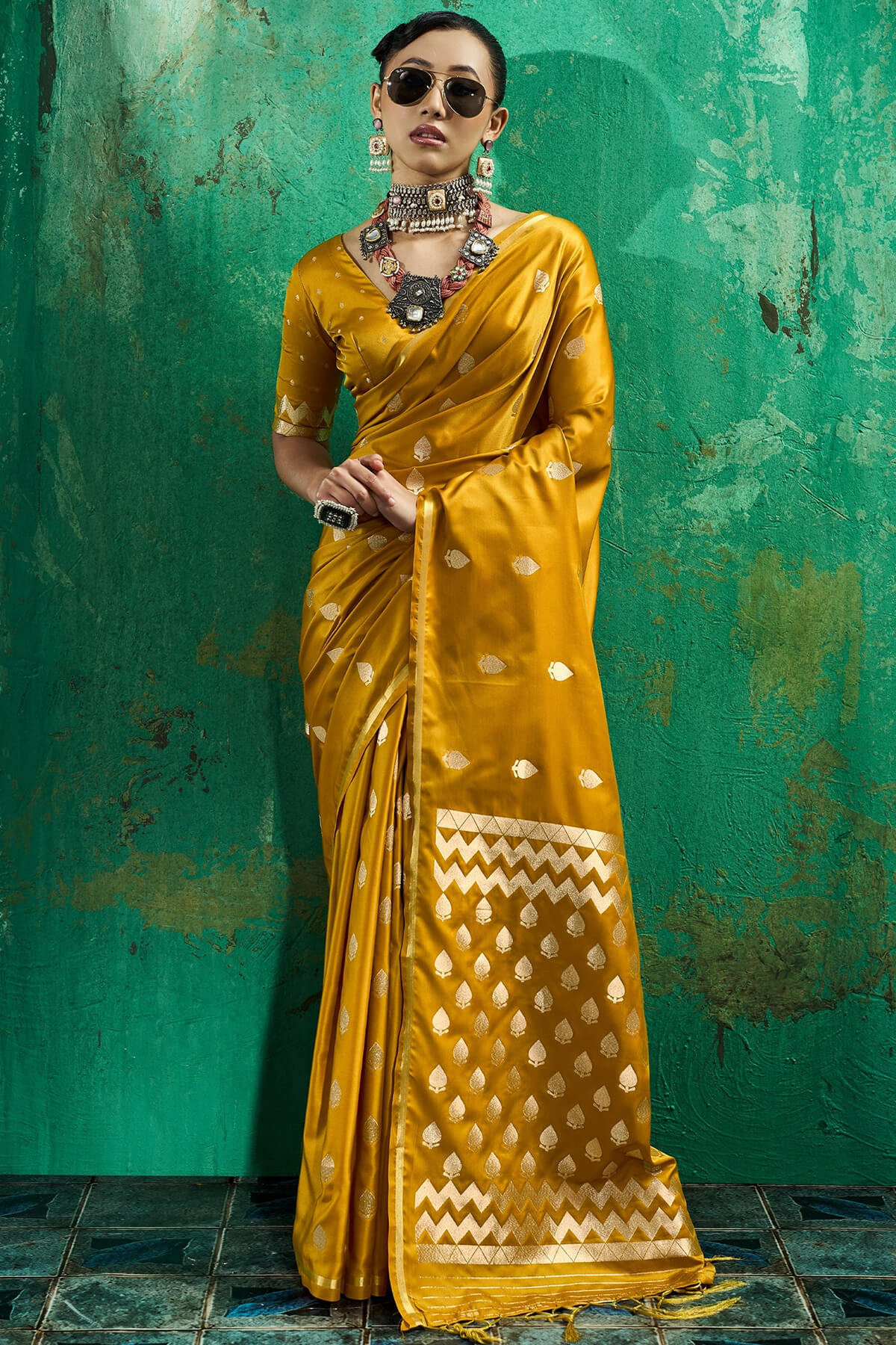 Ideal Mustard Banarasi Satin Silk Saree With Dulcet Blouse