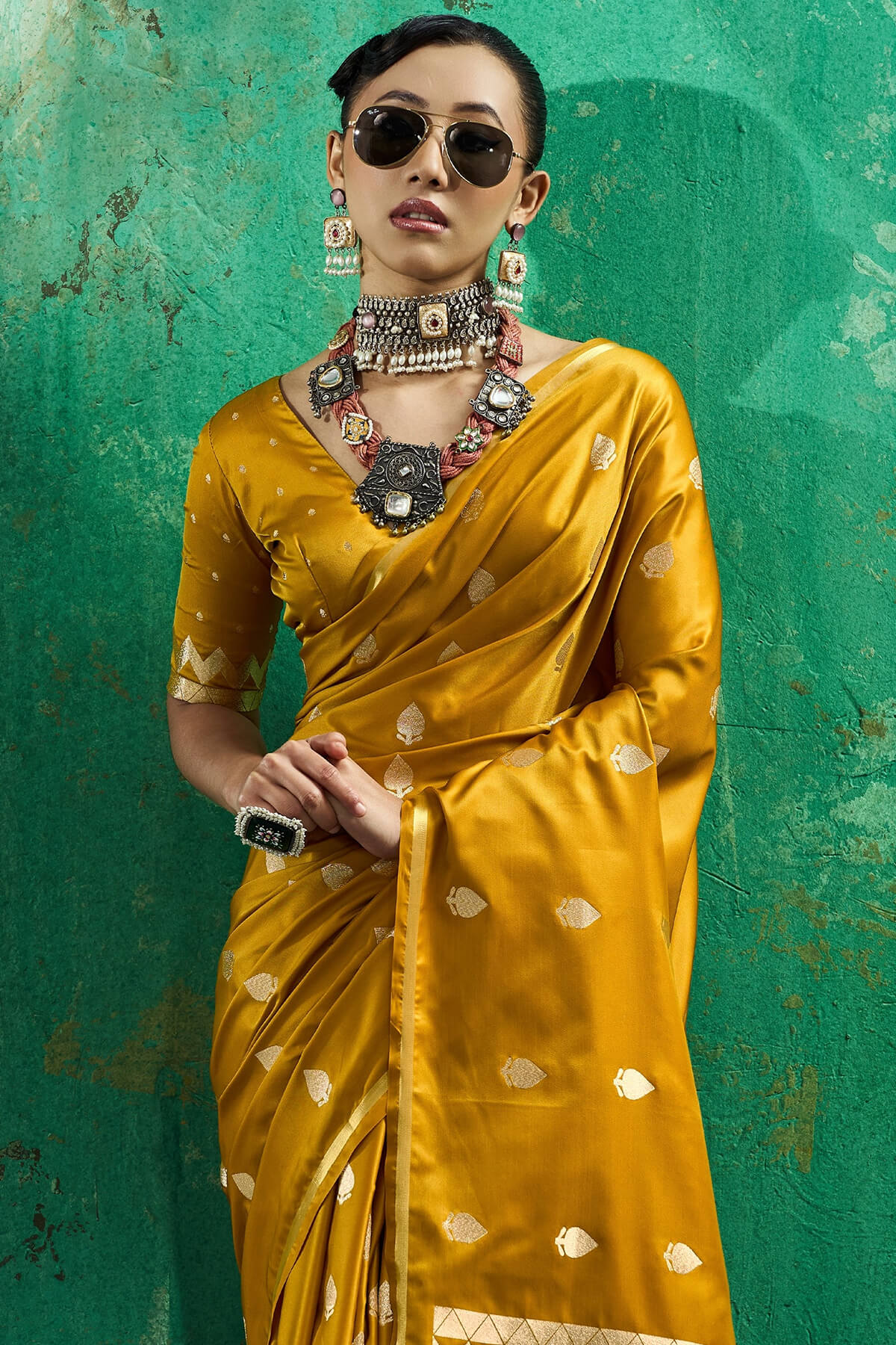 Ideal Mustard Banarasi Satin Silk Saree With Dulcet Blouse