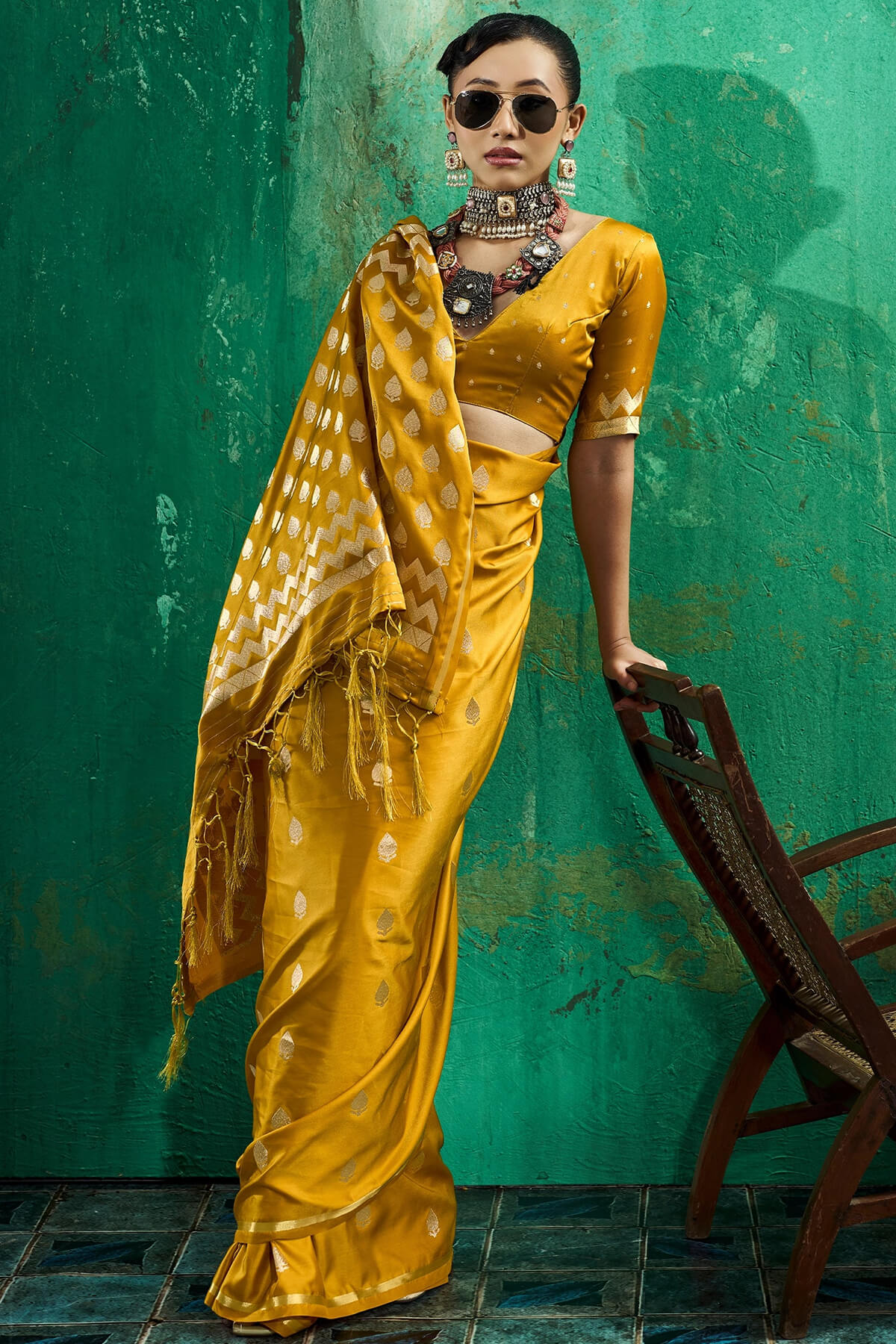 Ideal Mustard Banarasi Satin Silk Saree With Dulcet Blouse