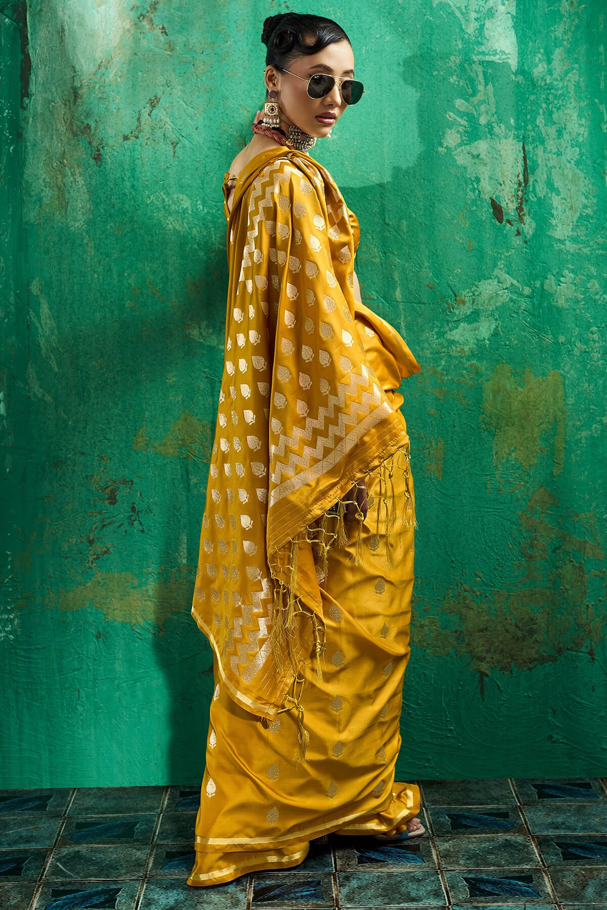 Ideal Mustard Banarasi Satin Silk Saree With Dulcet Blouse