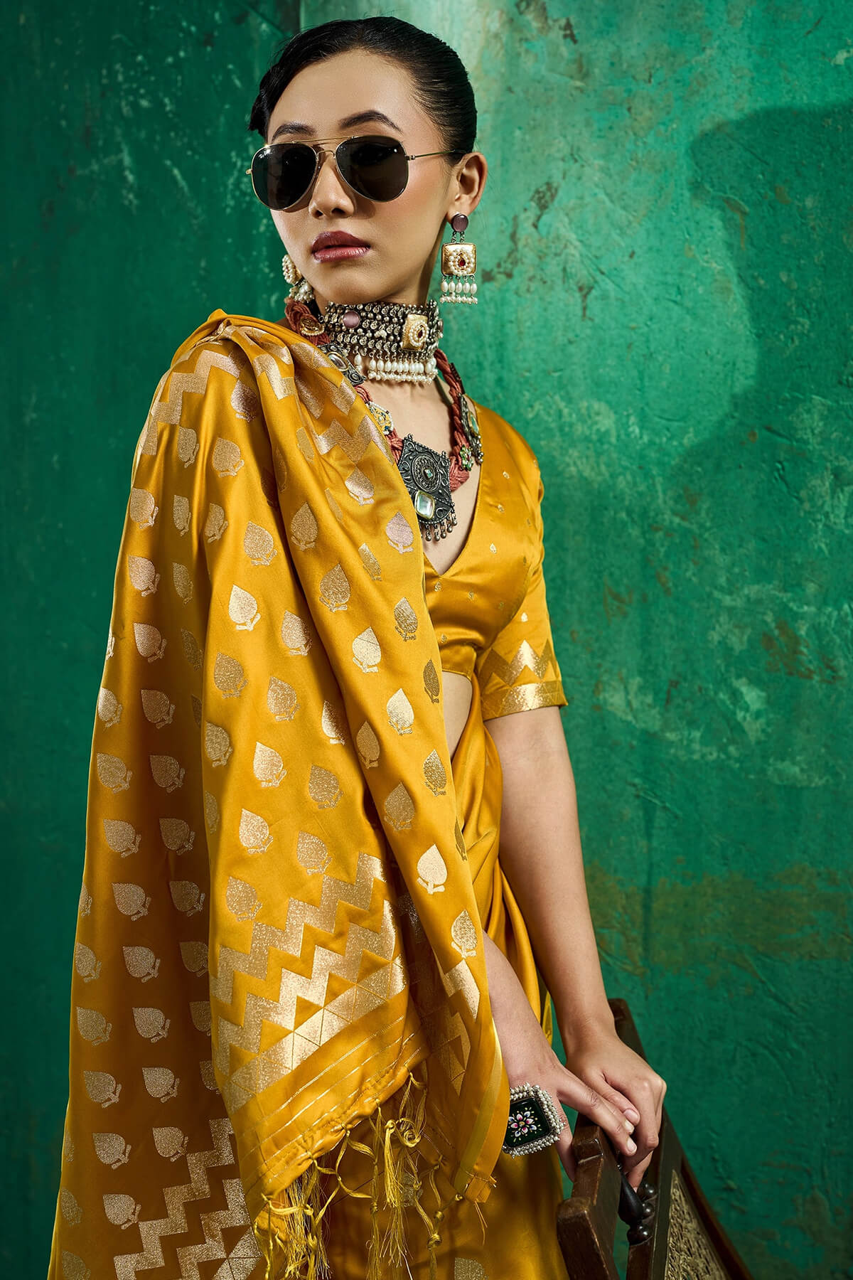 Ideal Mustard Banarasi Satin Silk Saree With Dulcet Blouse