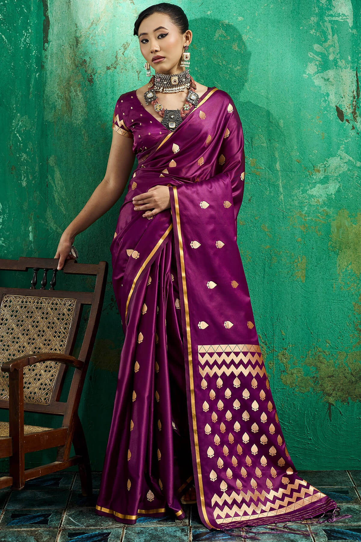 Entrancing Wine Banarasi Satin Silk Saree With Fancifull Blouse
