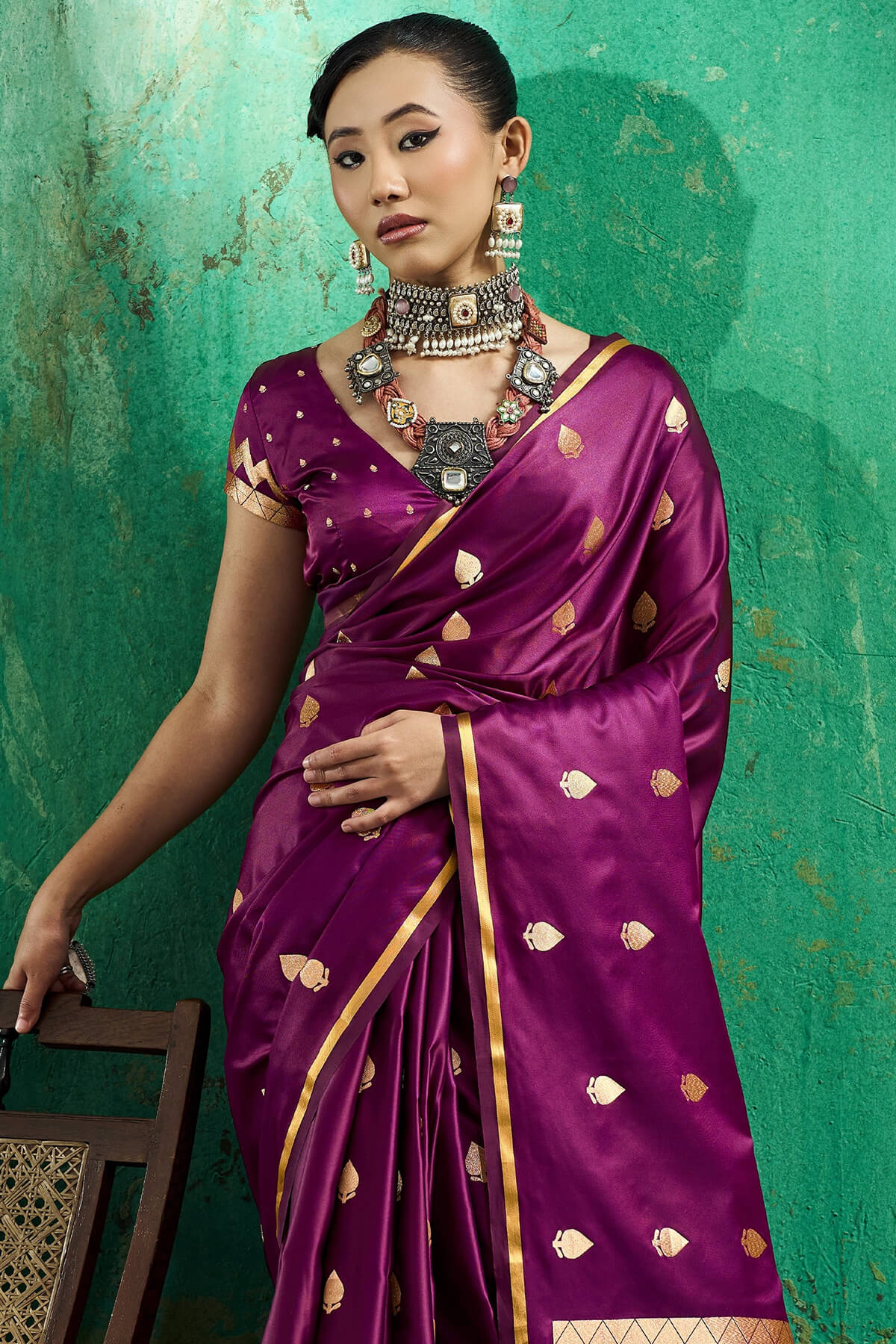 Entrancing Wine Banarasi Satin Silk Saree With Fancifull Blouse