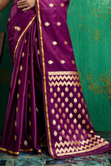 Entrancing Wine Banarasi Satin Silk Saree With Fancifull Blouse