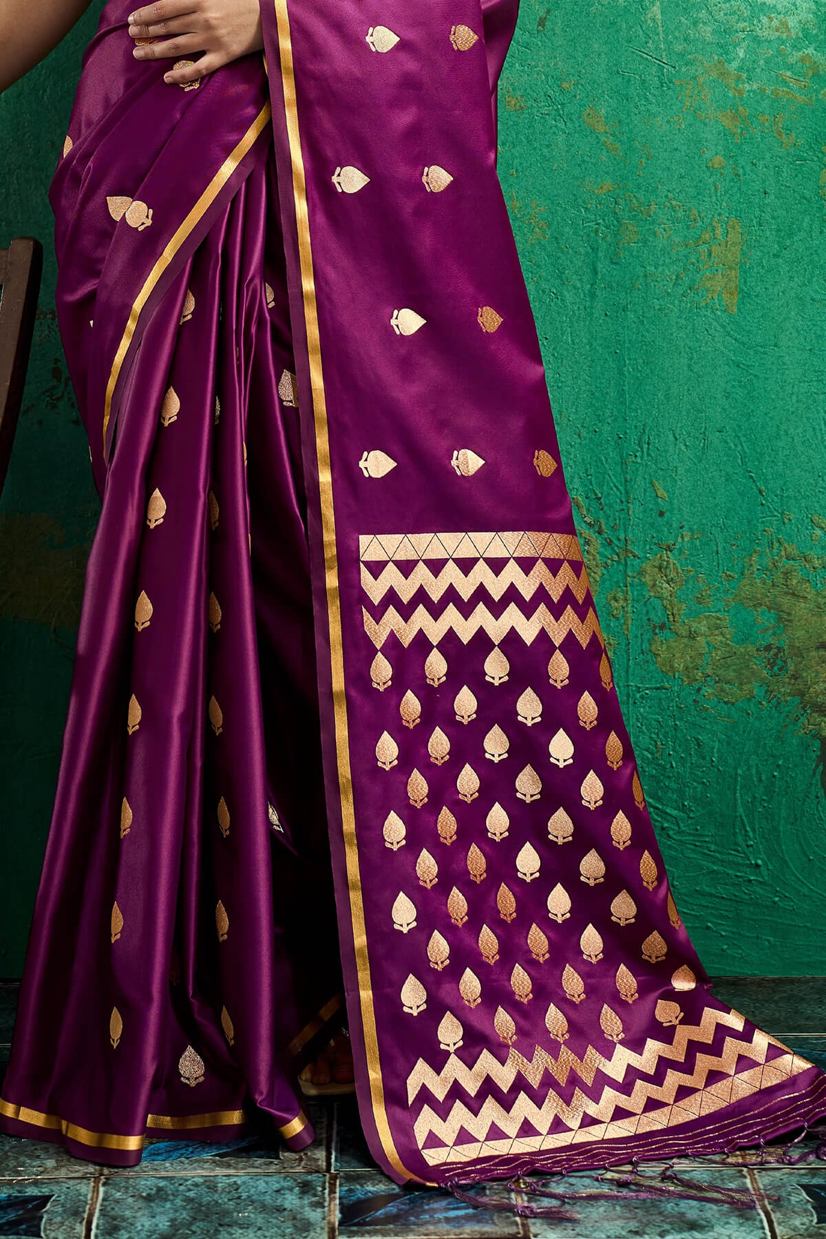 Entrancing Wine Banarasi Satin Silk Saree With Fancifull Blouse
