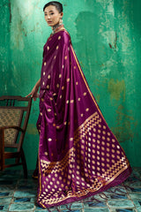 Entrancing Wine Banarasi Satin Silk Saree With Fancifull Blouse
