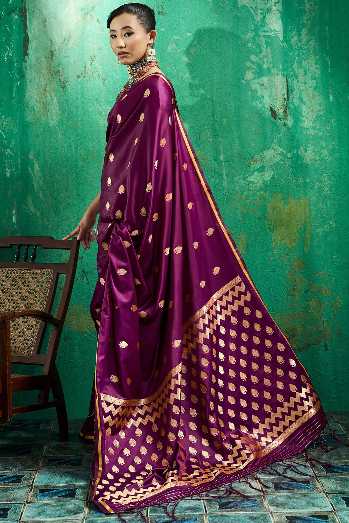 Entrancing Wine Banarasi Satin Silk Saree With Fancifull Blouse