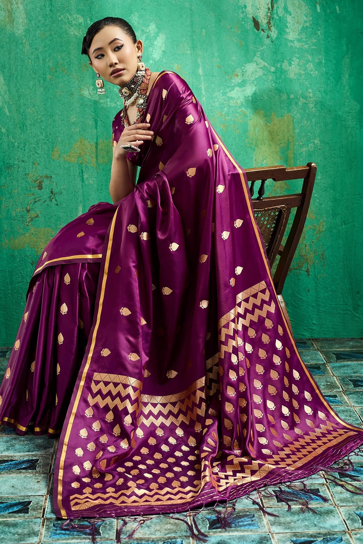 Entrancing Wine Banarasi Satin Silk Saree With Fancifull Blouse