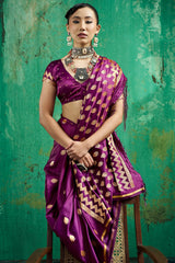 Entrancing Wine Banarasi Satin Silk Saree With Fancifull Blouse