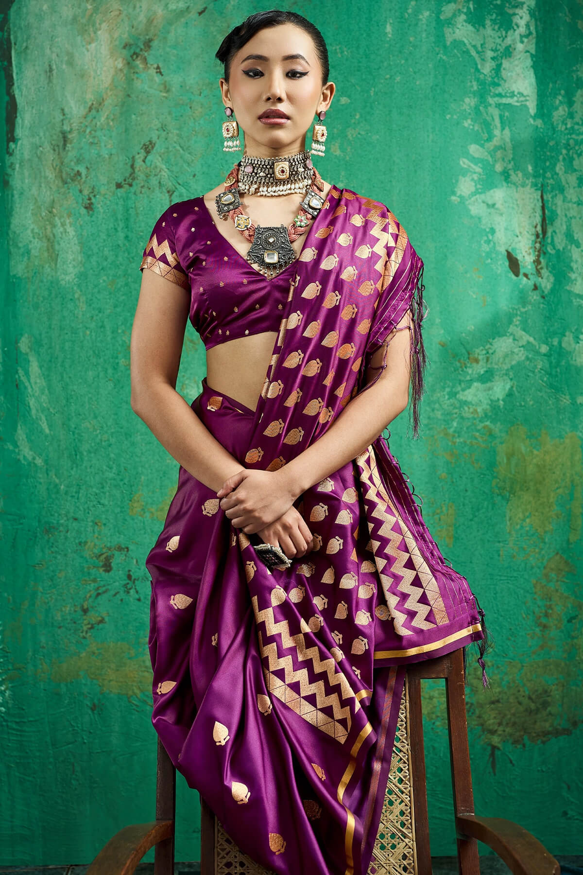 Entrancing Wine Banarasi Satin Silk Saree With Fancifull Blouse