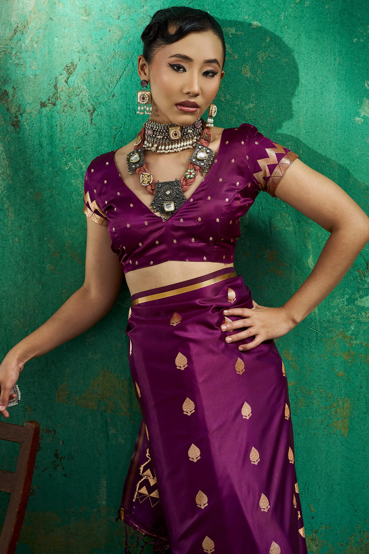 Entrancing Wine Banarasi Satin Silk Saree With Fancifull Blouse