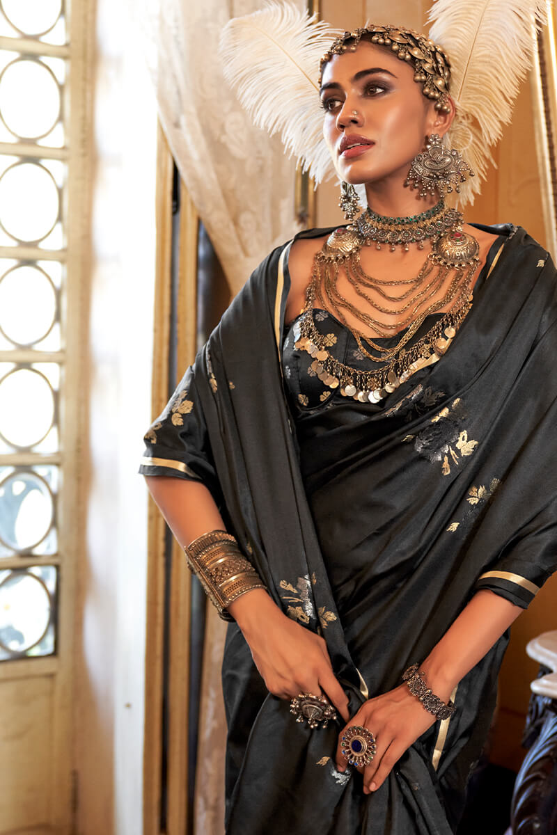 Impressive Black Banarasi Satin Silk Saree With Hypnotic Blouse