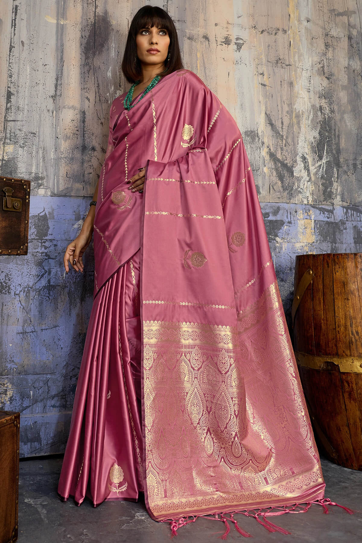 Tantalizing Pink Banarasi Satin Silk Saree With Snazzy Blouse