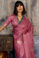 Tantalizing Pink Banarasi Satin Silk Saree With Snazzy Blouse