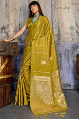 Supernal Mustard Banarasi Satin Silk Saree With Forbearance Blouse
