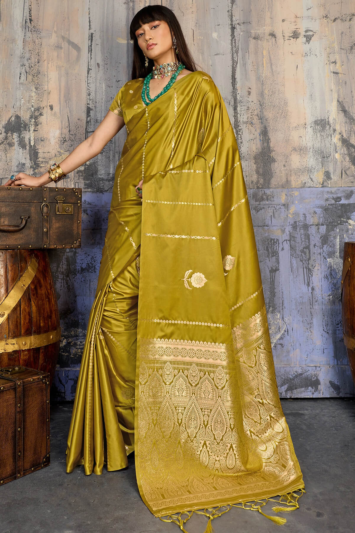 Supernal Mustard Banarasi Satin Silk Saree With Forbearance Blouse