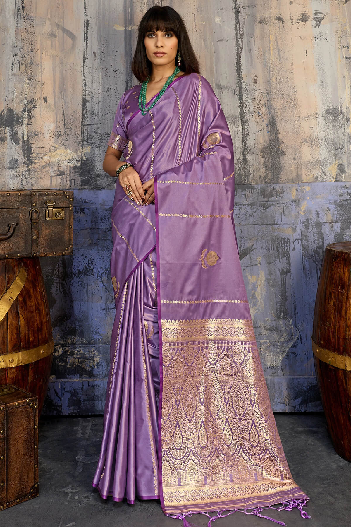 Elision Lavender Banarasi Satin Silk Saree With Ornate Blouse