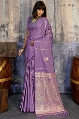Elision Lavender Banarasi Satin Silk Saree With Ornate Blouse