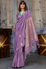 Elision Lavender Banarasi Satin Silk Saree With Ornate Blouse