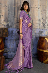 Elision Lavender Banarasi Satin Silk Saree With Ornate Blouse