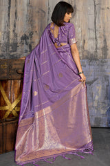 Elision Lavender Banarasi Satin Silk Saree With Ornate Blouse