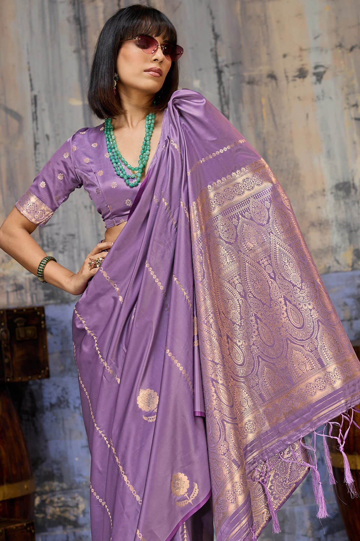 Elision Lavender Banarasi Satin Silk Saree With Ornate Blouse