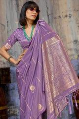 Elision Lavender Banarasi Satin Silk Saree With Ornate Blouse