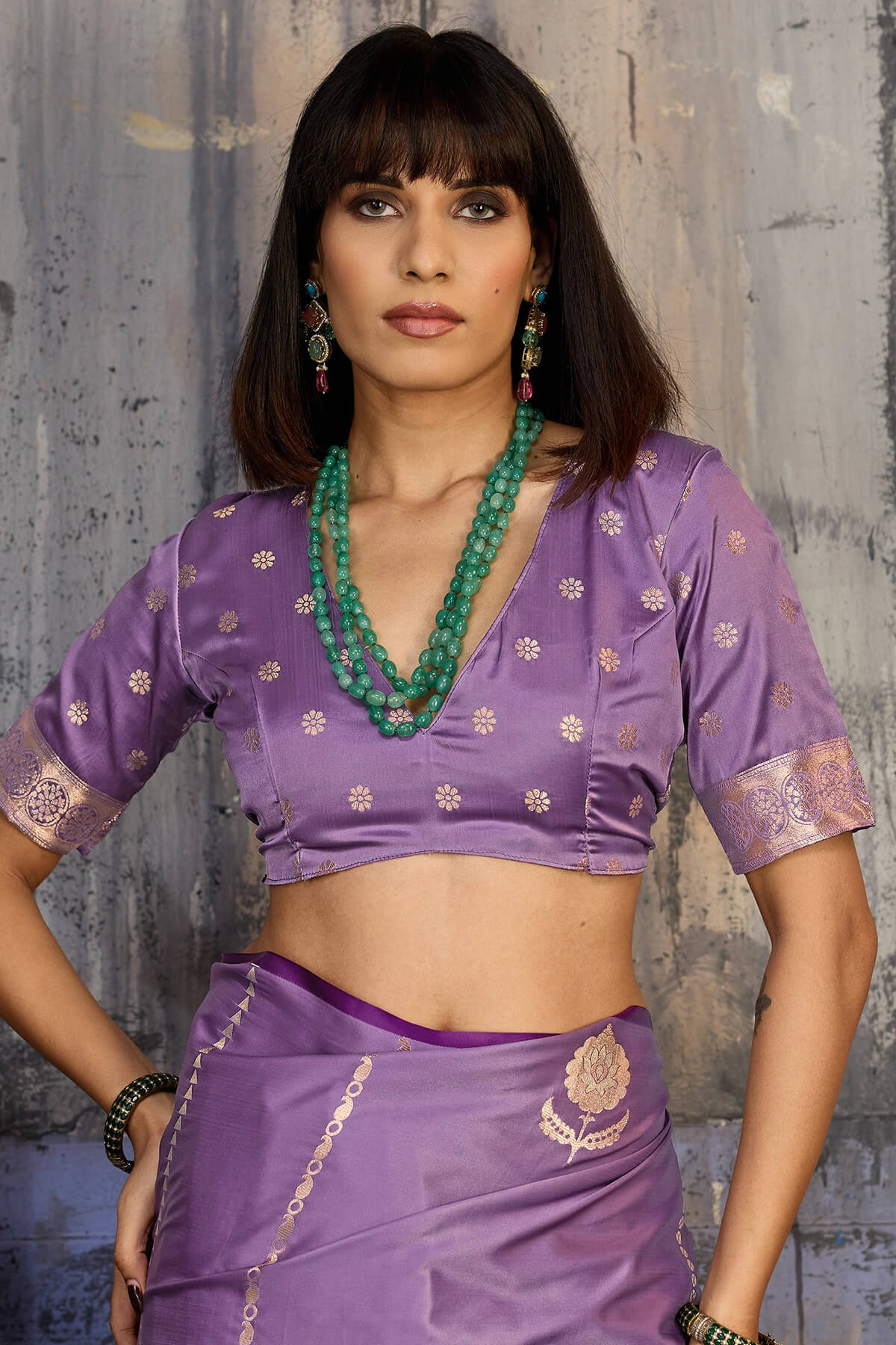 Elision Lavender Banarasi Satin Silk Saree With Ornate Blouse