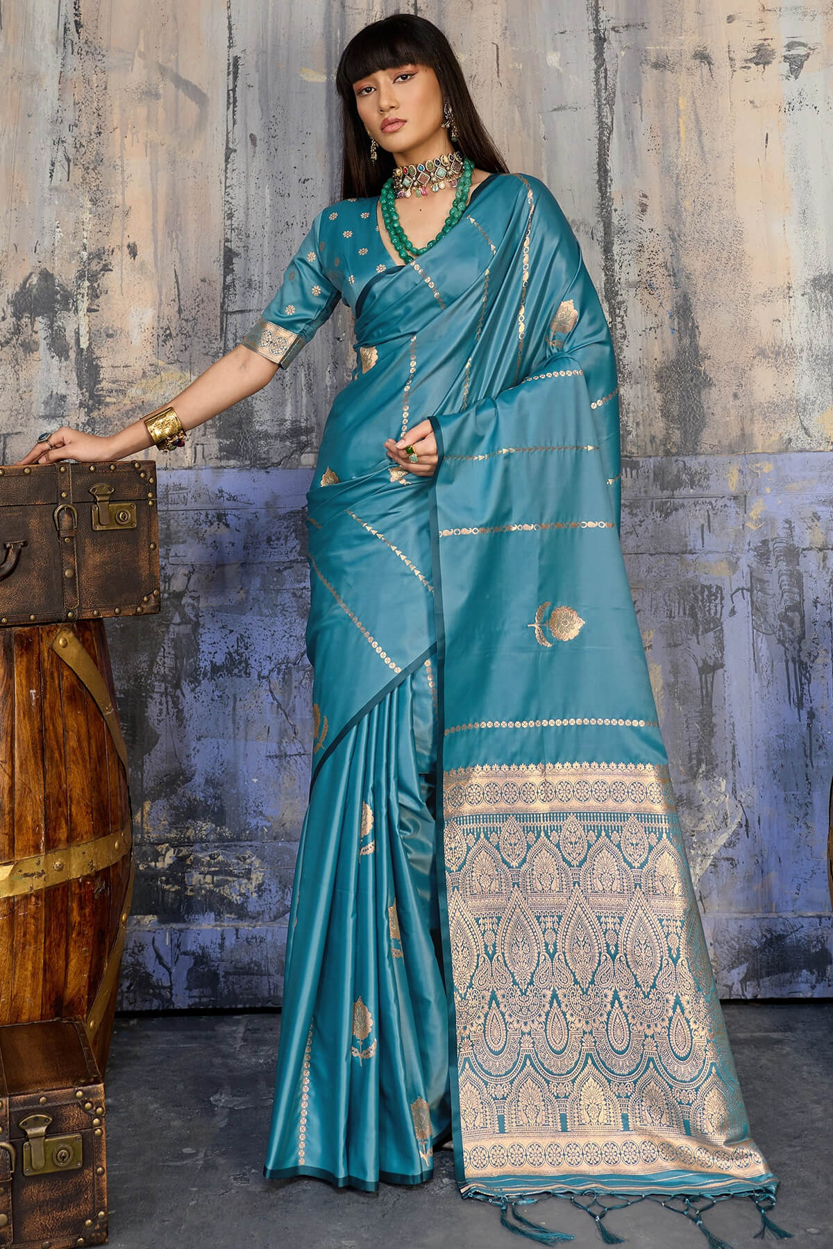 Redolent Blue Banarasi Satin Silk Saree With Ineffable Blouse