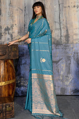 Redolent Blue Banarasi Satin Silk Saree With Ineffable Blouse
