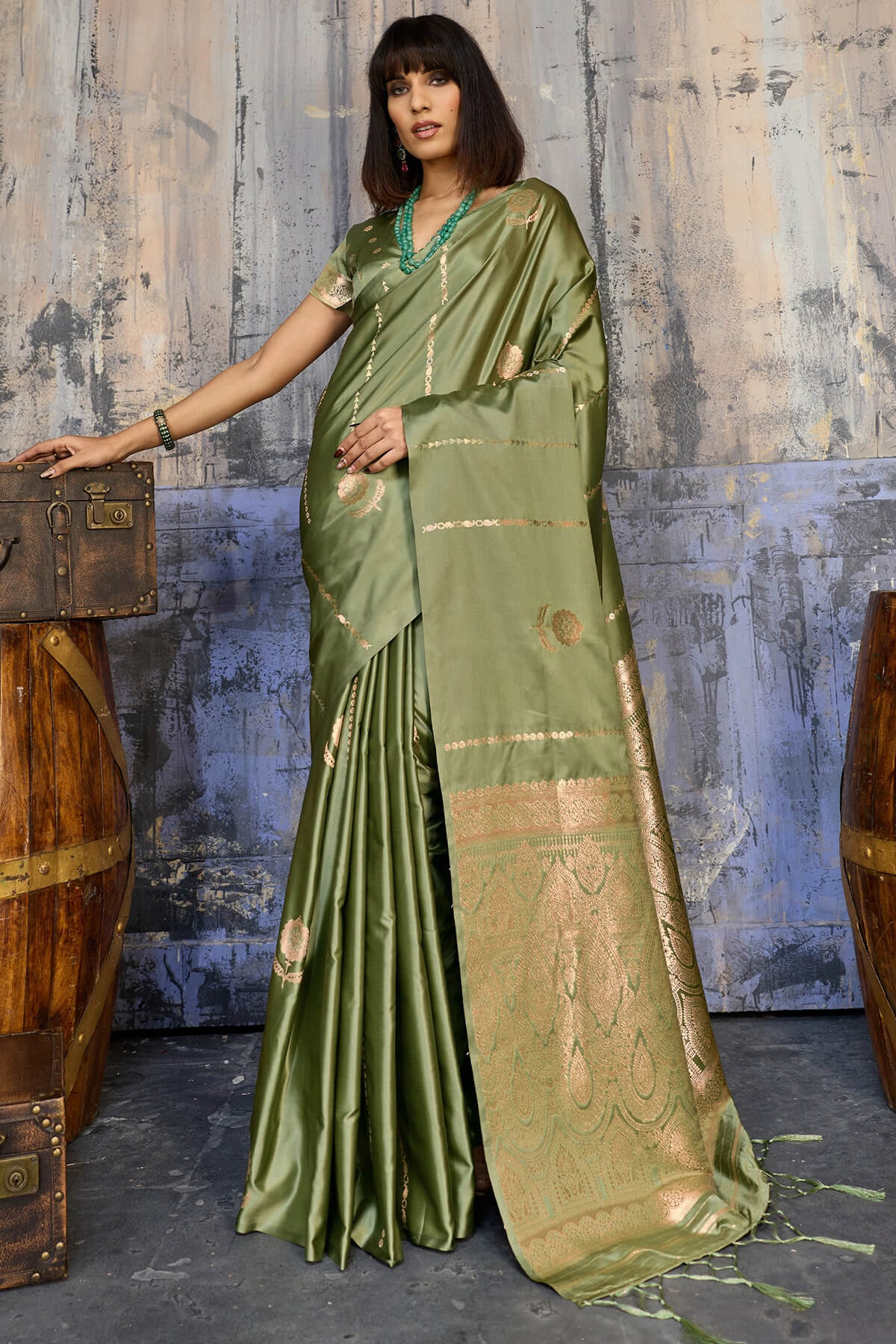 Groovy Green Banarasi Satin Silk Saree With Pleasant Blouse
