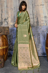 Groovy Green Banarasi Satin Silk Saree With Pleasant Blouse