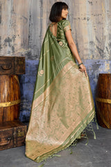Groovy Green Banarasi Satin Silk Saree With Pleasant Blouse