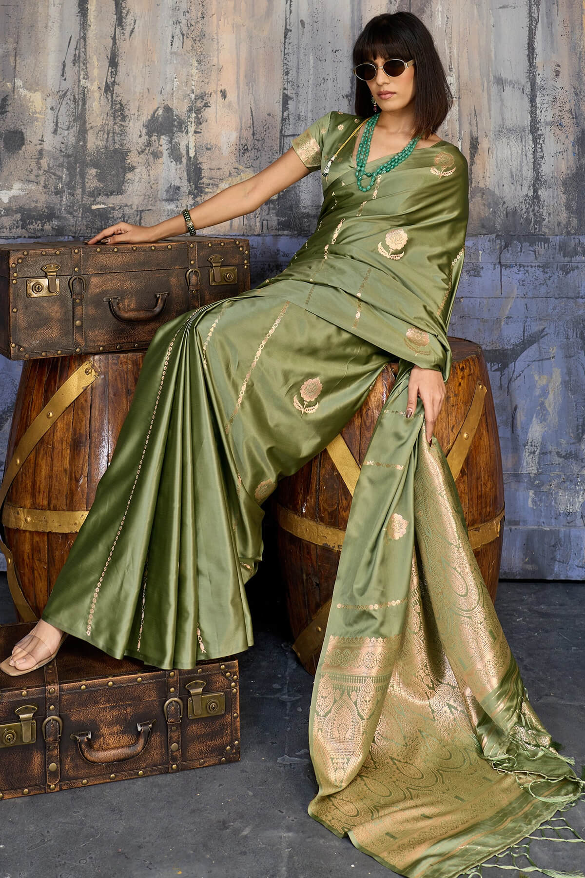 Groovy Green Banarasi Satin Silk Saree With Pleasant Blouse