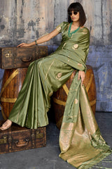 Groovy Green Banarasi Satin Silk Saree With Pleasant Blouse