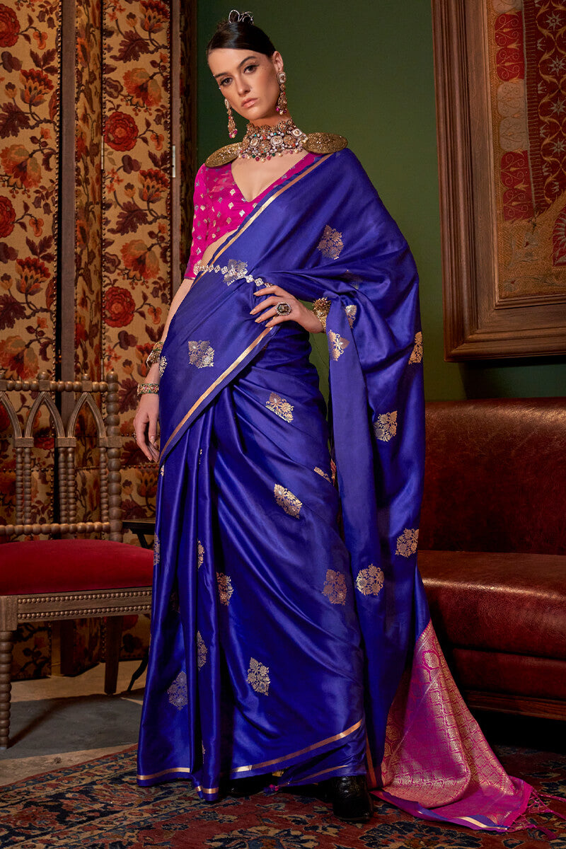 Pleasurable Royal Blue Banarasi Satin Silk Saree With Fragrant Blouse