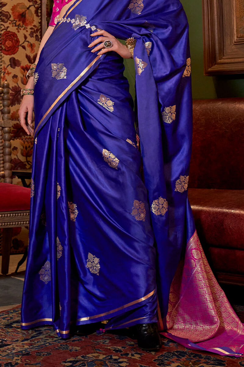 Pleasurable Royal Blue Banarasi Satin Silk Saree With Fragrant Blouse