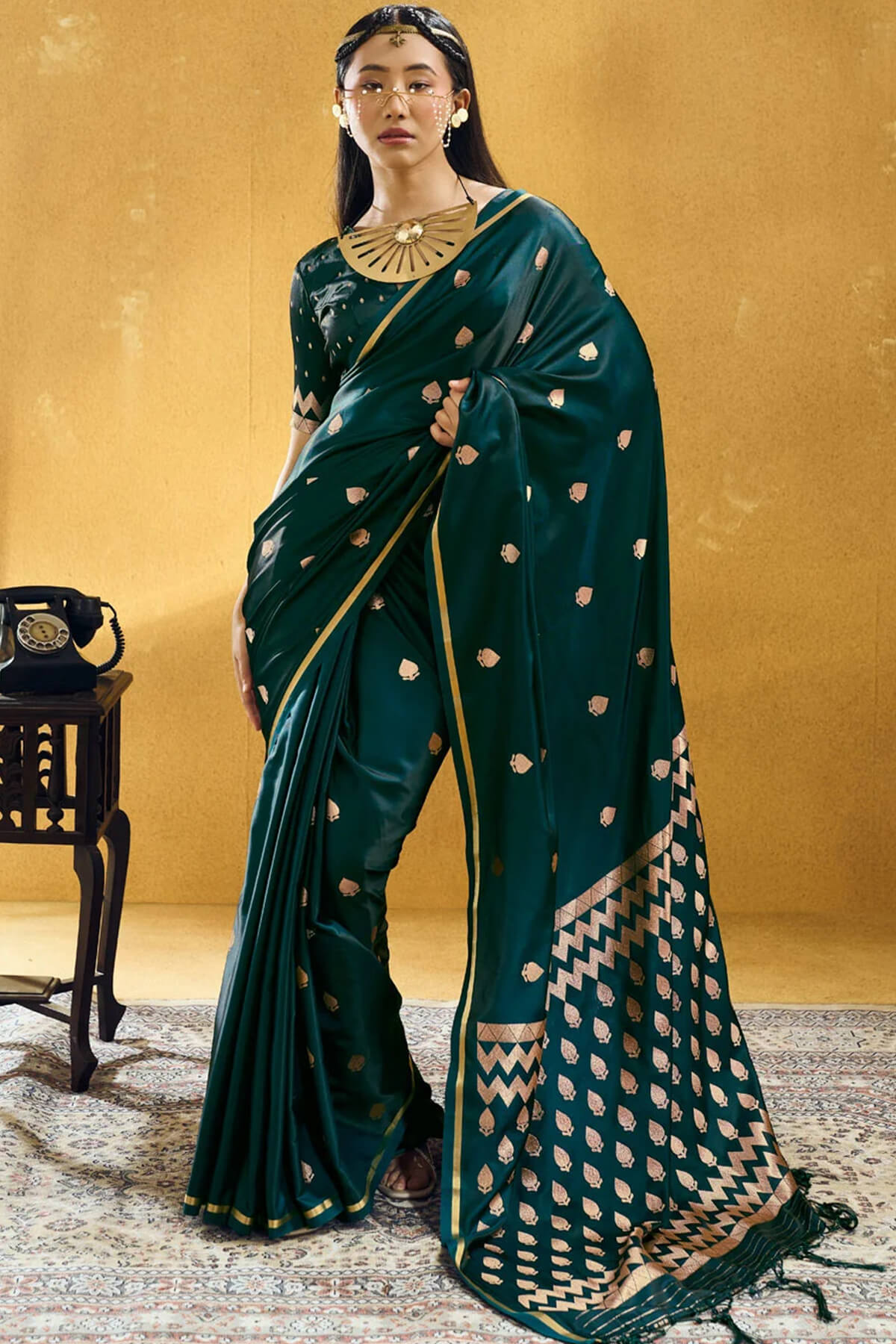 Snappy Dark Green Banarasi Satin Silk Saree With Designer Blouse