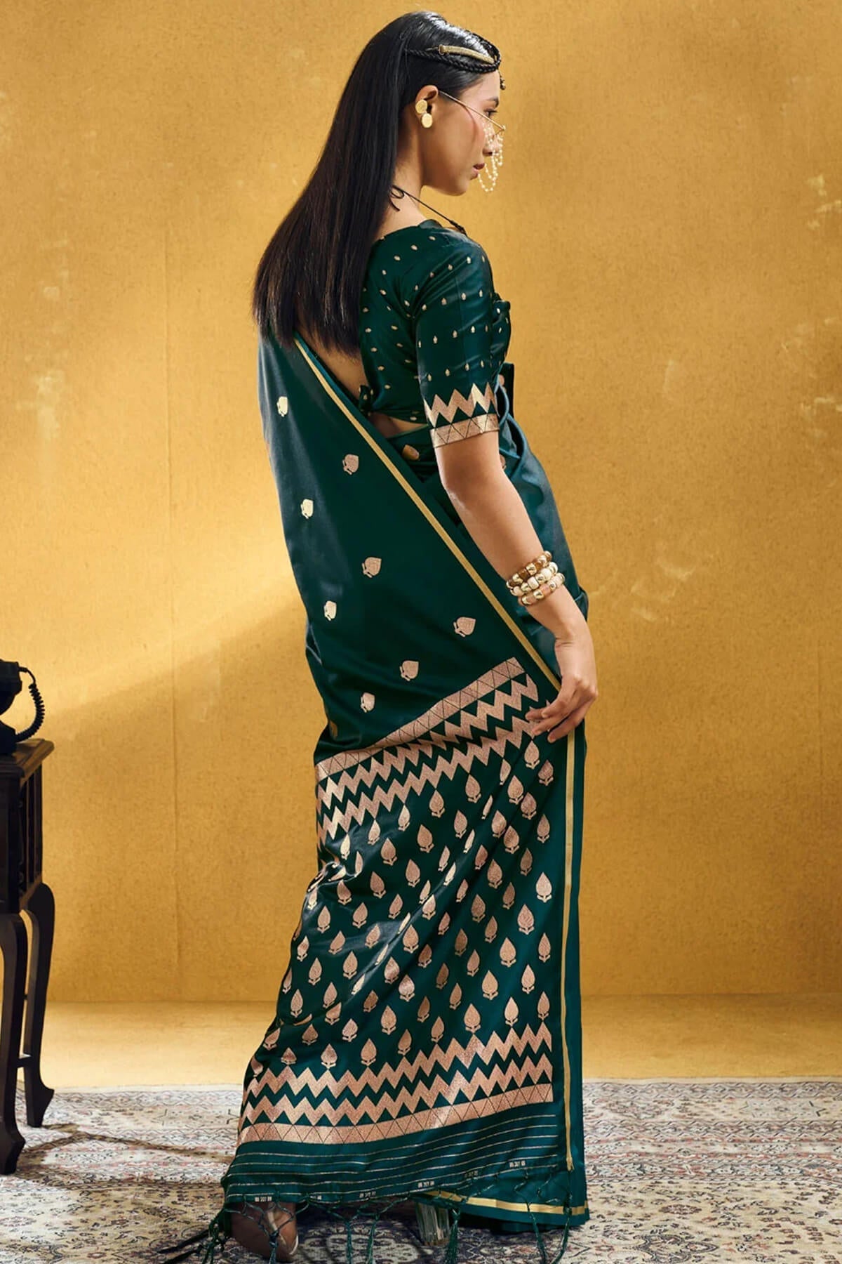 Snappy Dark Green Banarasi Satin Silk Saree With Designer Blouse